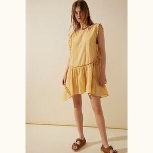 Free People Free-est Short And Sweet Tunic Dress Ruffle Cotton Gold S New 283136